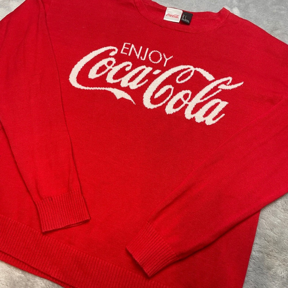 Enjoy Coca-Cola Womens Graphic Sweater Size S Red Long Sleeve Logo Knit Pullover
